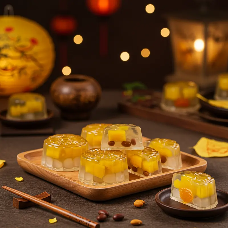 Bánh trung thu rau câu trong suốt với nhân trái cây và đậu xanh trên khay gỗ, được chiếu sáng bởi ánh đèn lồng Trung Thu