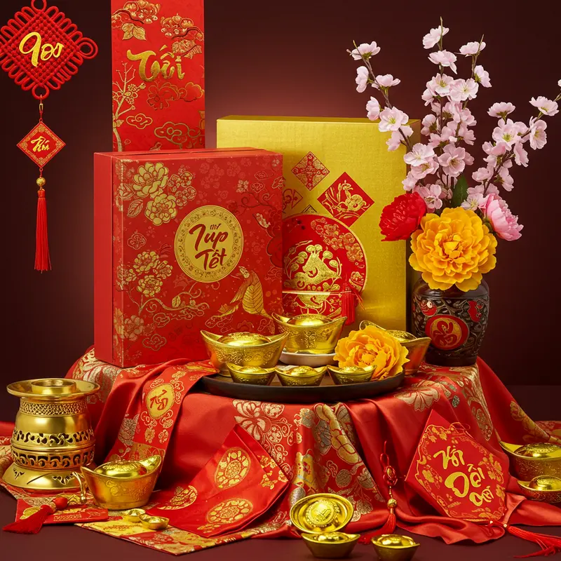 Hộp quà Tết cao cấp đặt trên nền vải đỏ vàng, trang trí hoa mai mang không khí Tết.