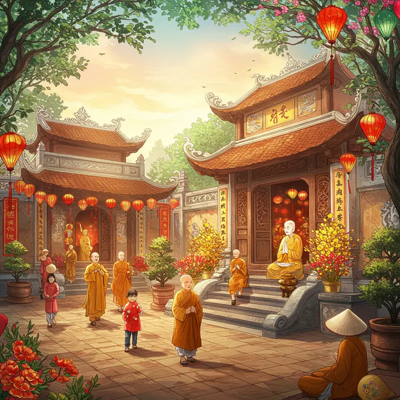 Người Việt đoàn tụ trước chùa ngày đầu năm, trang trí đèn lồng và hoa rực rỡ, tạo cảm giác ấm áp, linh thiêng.