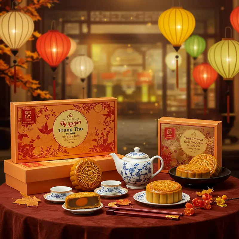 Bánh Trung Thu cao cấp với hộp quà, bộ trà và đèn lồng trong không gian ấm cúng, đậm nét lễ hội Việt.