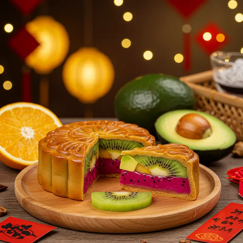 Ảnh cận cảnh bánh trung thu nhân trái cây tươi gồm thanh long, kiwi và bơ trên đĩa gỗ cùng các lát trái cây tươi.