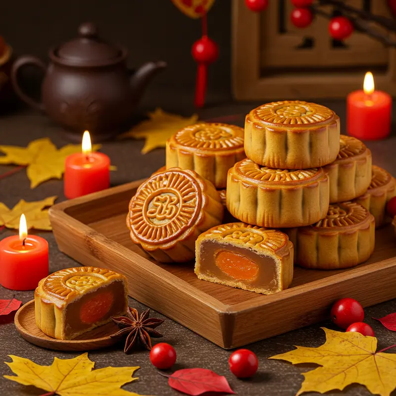 Bánh Trung Thu truyền thống với lớp vỏ vàng bóng và nhân sên mịn màng đặt trên khay gỗ trong không gian lễ hội ấm cúng.