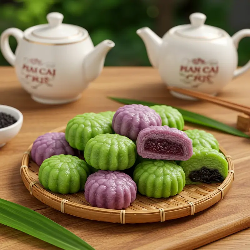 Các loại bánh truyền thống Việt Nam có nhân đậu xanh màu xanh lá, tím khoai môn và đen mè trên bàn gỗ