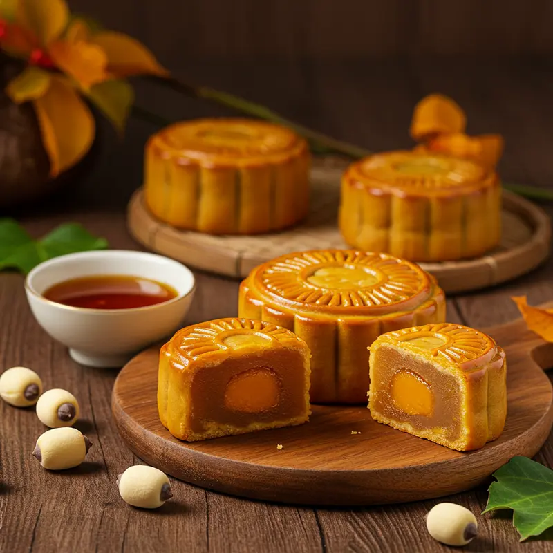 Bánh nướng với lớp vỏ vàng bóng đẹp kỹ thuật cùng chén nước đường màu vàng cánh gián trên bàn gỗ