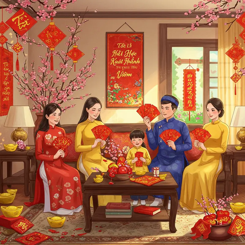 Cảnh đoàn tụ gia đình ngày Tết với hoa lộc, lì xì và ánh nắng tươi mới.