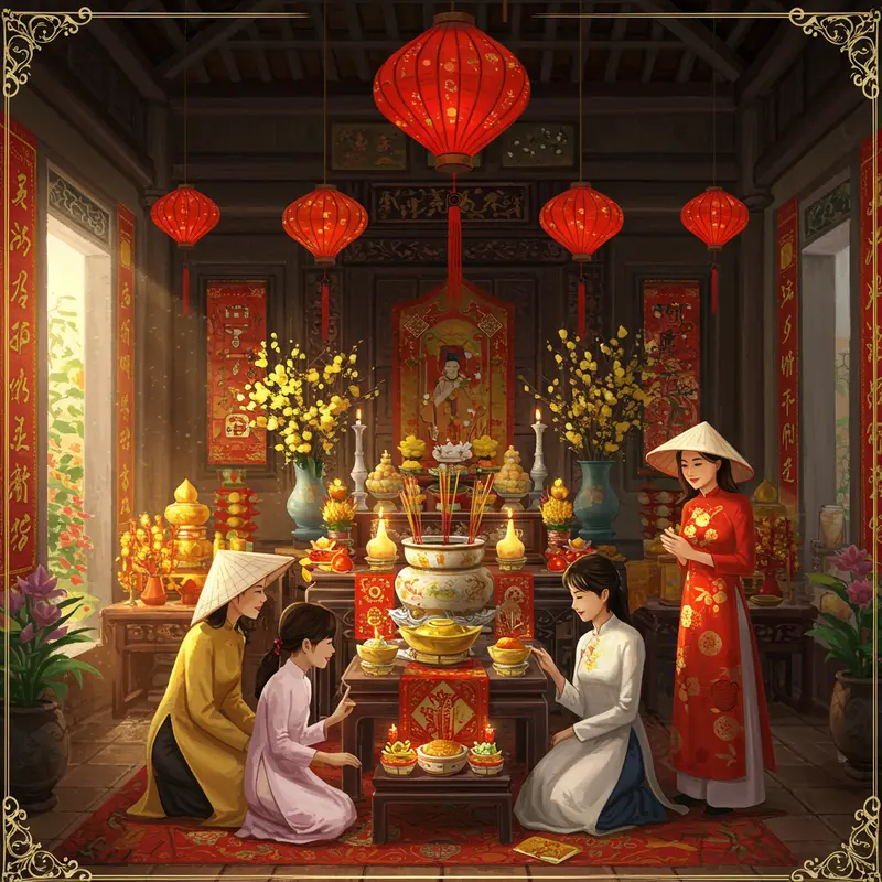 Căn nhà Việt rực rỡ ngày Tết với bàn thờ tổ tiên đầy lễ vật và mọi người mặc áo dài truyền thống.