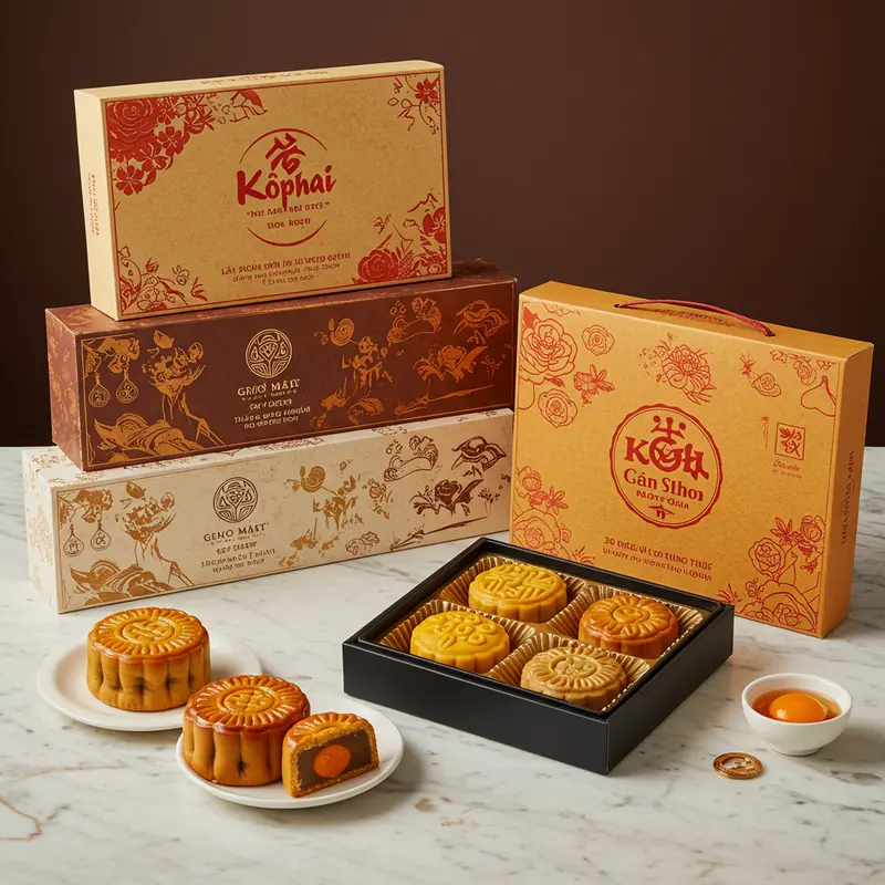 Hộp bánh Trung thu cá nhân hóa với logo vàng, kết nối cảm xúc và thương hiệu.