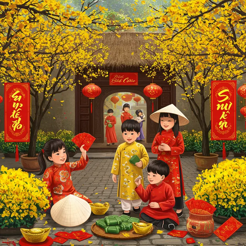 Gia đình sum họp bên mâm cỗ Tết truyền thống Việt Nam.