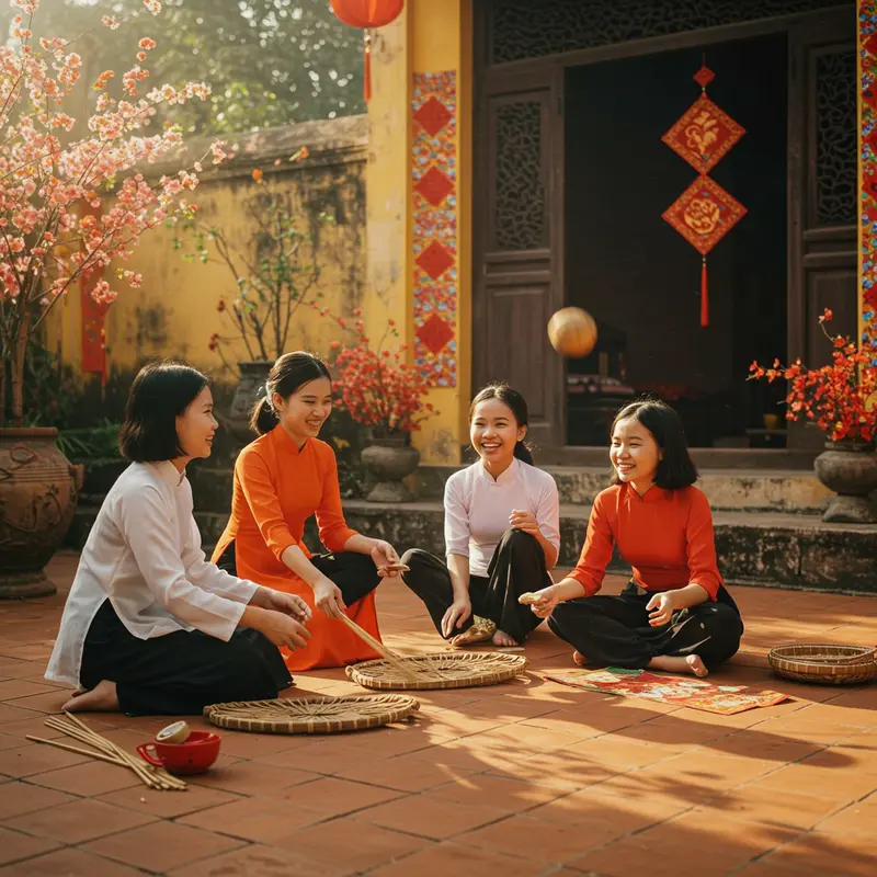 Gia đình nhiều thế hệ sum vầy chơi trò dân gian dịp Tết.