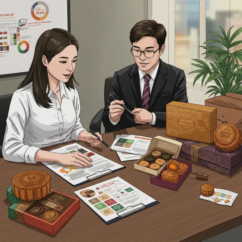 Hộp bánh trung thu sang trọng nổi bật trên bàn họp doanh nghiệp.