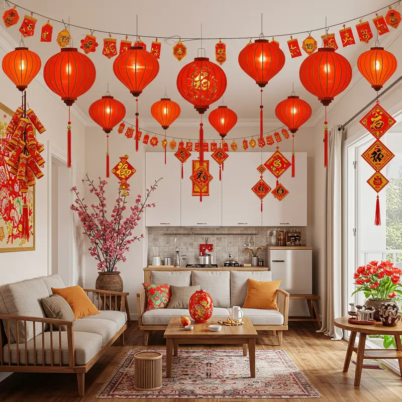Không gian phòng khách, bếp với sắc đỏ, vàng rực rỡ đón Tết.