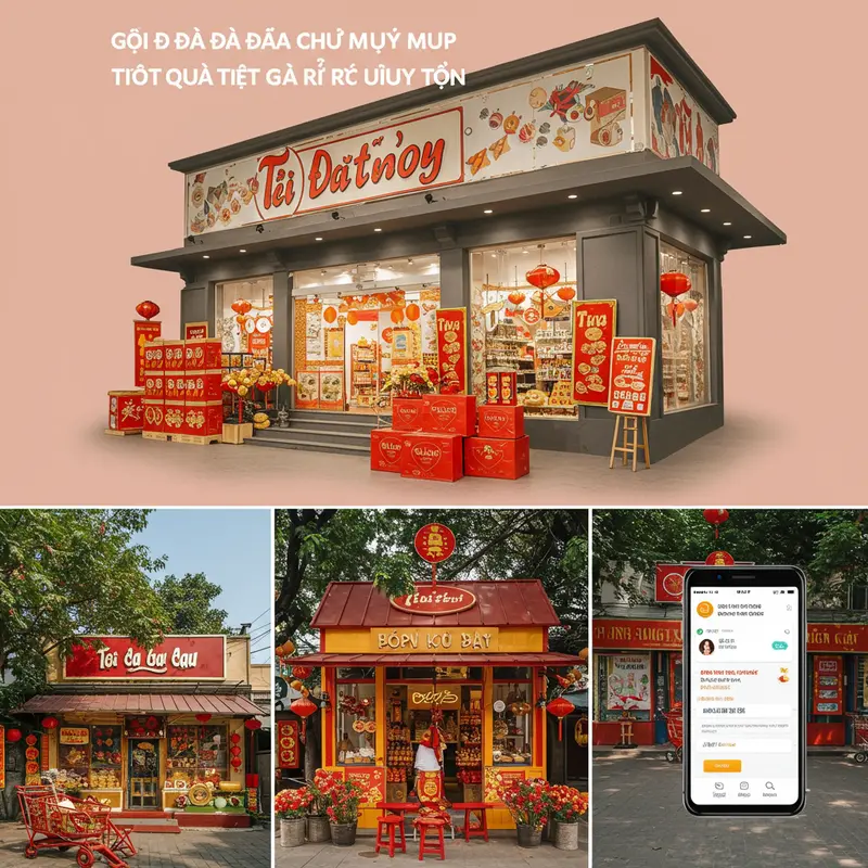 Hộp quà Tết giá rẻ với trà, mứt và bánh, bày trên bàn tre.