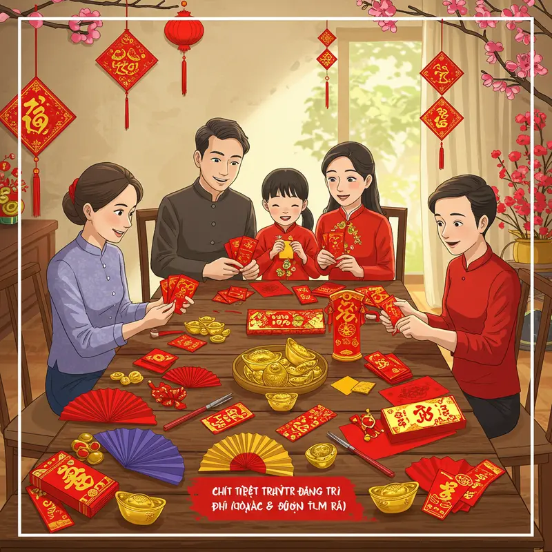 Không gian phòng khách, bếp với sắc đỏ, vàng rực rỡ đón Tết.