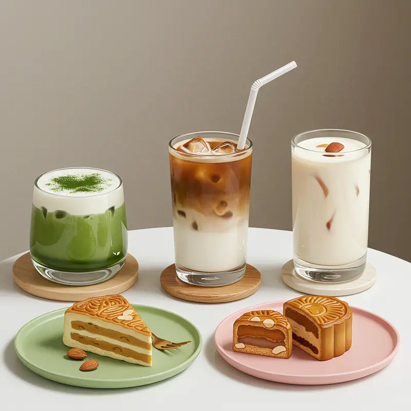 Bàn tiệc bánh Trung thu hiện đại đi cùng trà thơm nóng hổi.