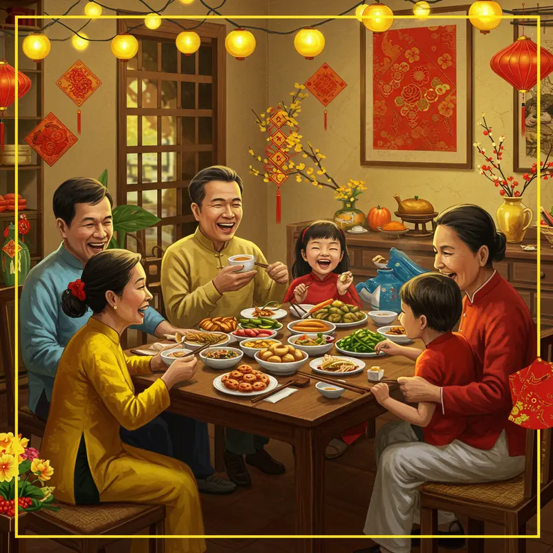 Gia đình sum vầy, dâng lễ tại bàn thờ tổ tiên trong ngày Tết.