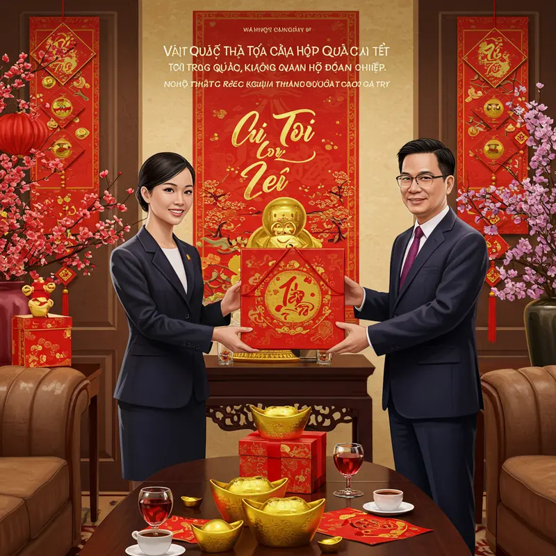 Đối tác trao tặng hộp quà Tết trong không gian làm việc trang trọng.