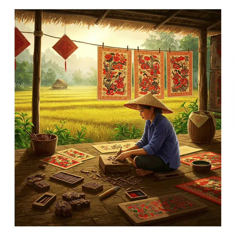 Tranh Tết tạo không khí ấm áp trong gia đình Việt Nam ngày xuân.