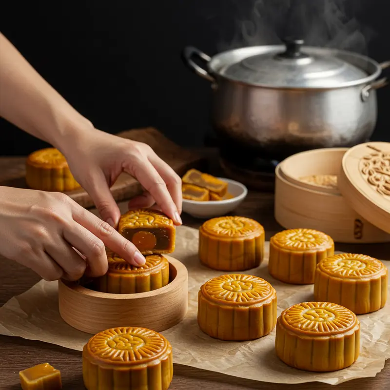 Nguyên liệu và dụng cụ chuẩn bị cho bánh trung thu nhân trứng chảy socola.