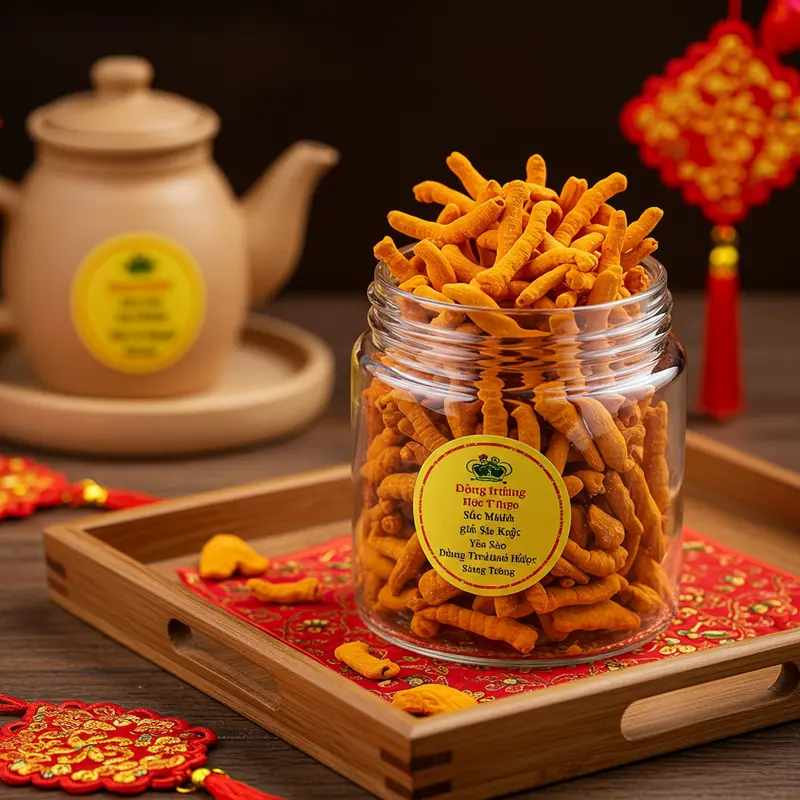 Hộp quà Tết sức khỏe bày biện bên hoa mai tươi sắc, tượng trưng cho sự cát tường.