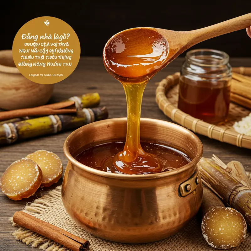 Quá trình nấu đường nha truyền thống từ mật mía trong nồi đồng.