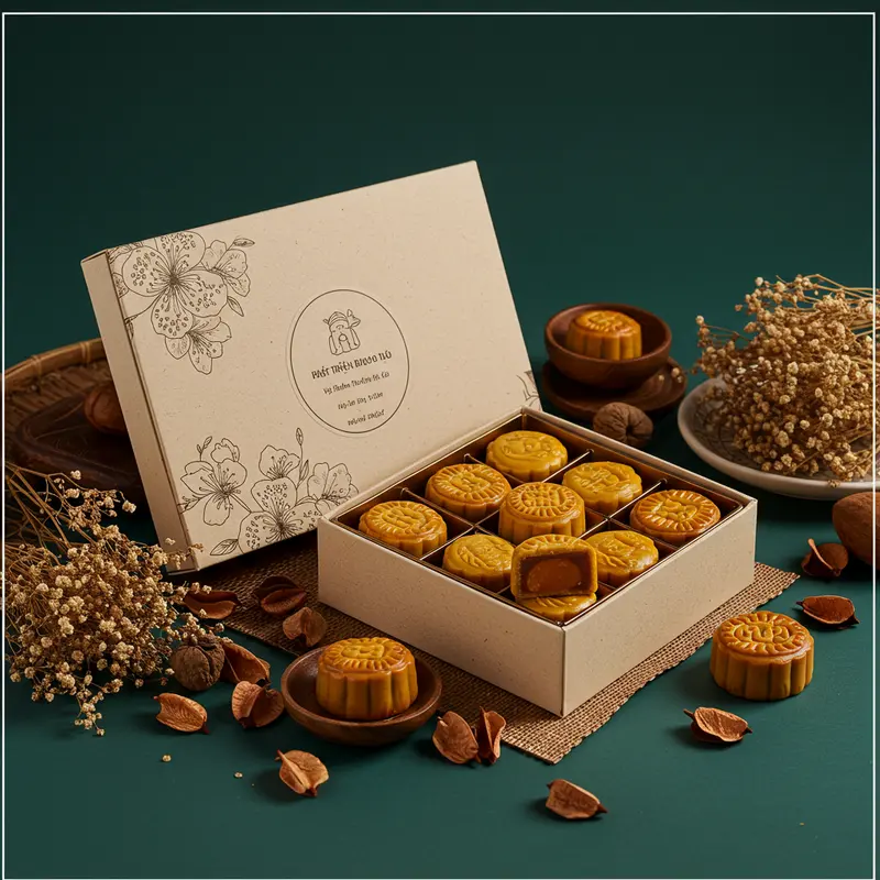 Bánh trung thu mini được trình bày đẹp mắt trên đĩa gỗ, làm nổi bật sự tinh tế và hấp dẫn.