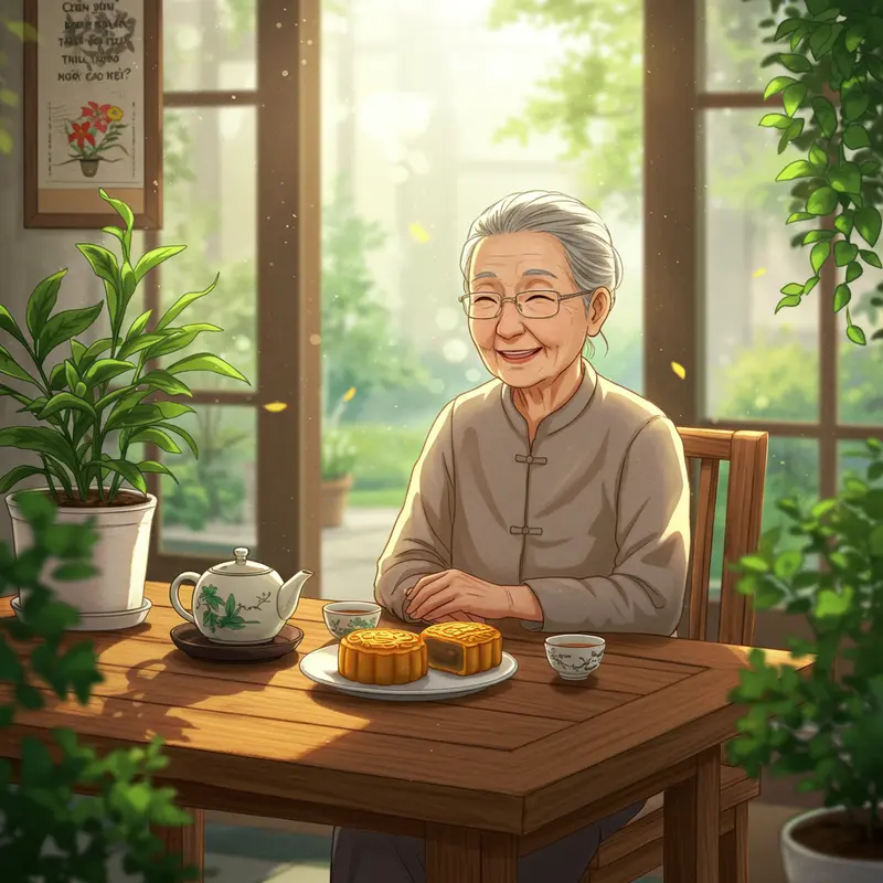 Người cao tuổi thưởng thức bánh Trung Thu ít đường trong không gian ấm áp.