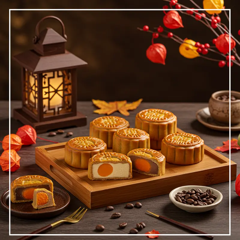 Bánh Trung Thu với nhân tiramisu và phô mai được sắp xếp đẹp mắt trên khay gỗ truyền thống với trang trí mùa thu