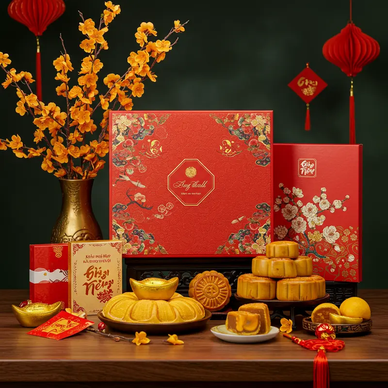 Hình ảnh hộp quà Tết sang trọng, thiết kế tinh xảo, trang trí hoa mai, bánh Trung Thu và rượu, ánh sáng ấm.
