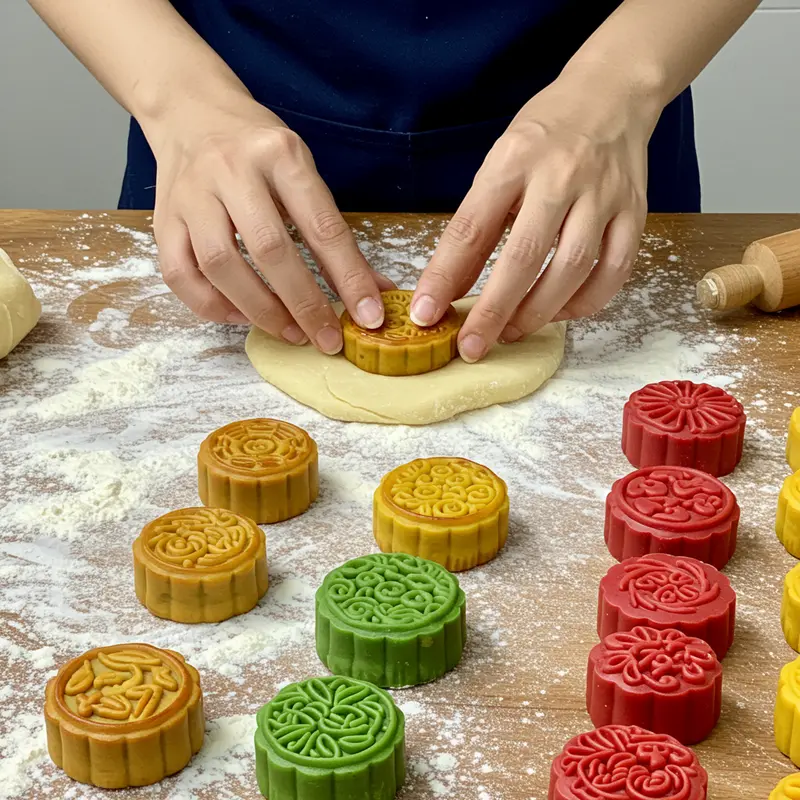 Nguyên liệu làm bánh trung thu mini được bày trí đẹp mắt trên bàn gỗ.