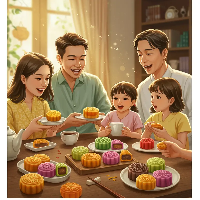 Gia đình cùng thưởng thức bánh Trung Thu mini healthy đầy màu sắc tự nhiên bên bàn tiệc ấm cúng.