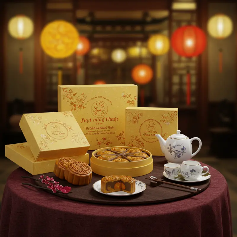 Bàn tròn với hộp bánh Trung Thu cao cấp, ấm trà và lồng đèn Trung Thu, phong cách doanh nhân.