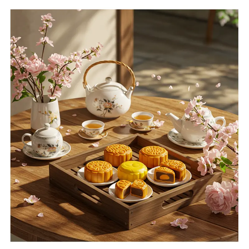 Mâm bánh Trung Thu ít đường với trà, hoa tươi đặt trên bàn gỗ, ánh nắng nhẹ nhàng chiếu vào.