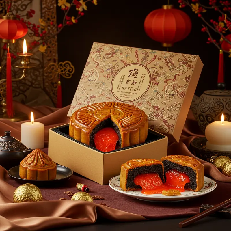 Hộp bánh trung thu lava cao cấp mở ra, bánh nhân tan chảy, trang trí hoa văn và ánh sáng ấm áp