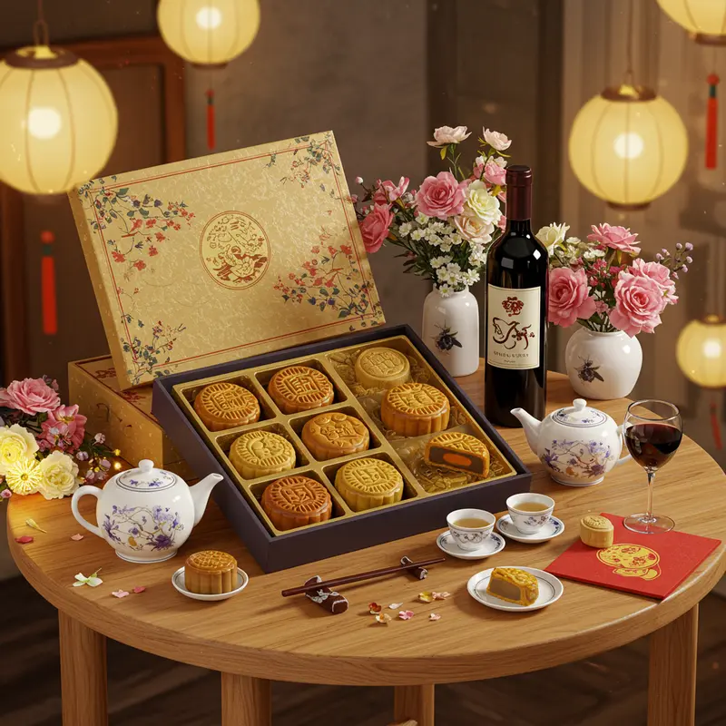Hộp quà trung thu gồm bánh, trà, rượu vang trên bàn dưới ánh đèn lồng.