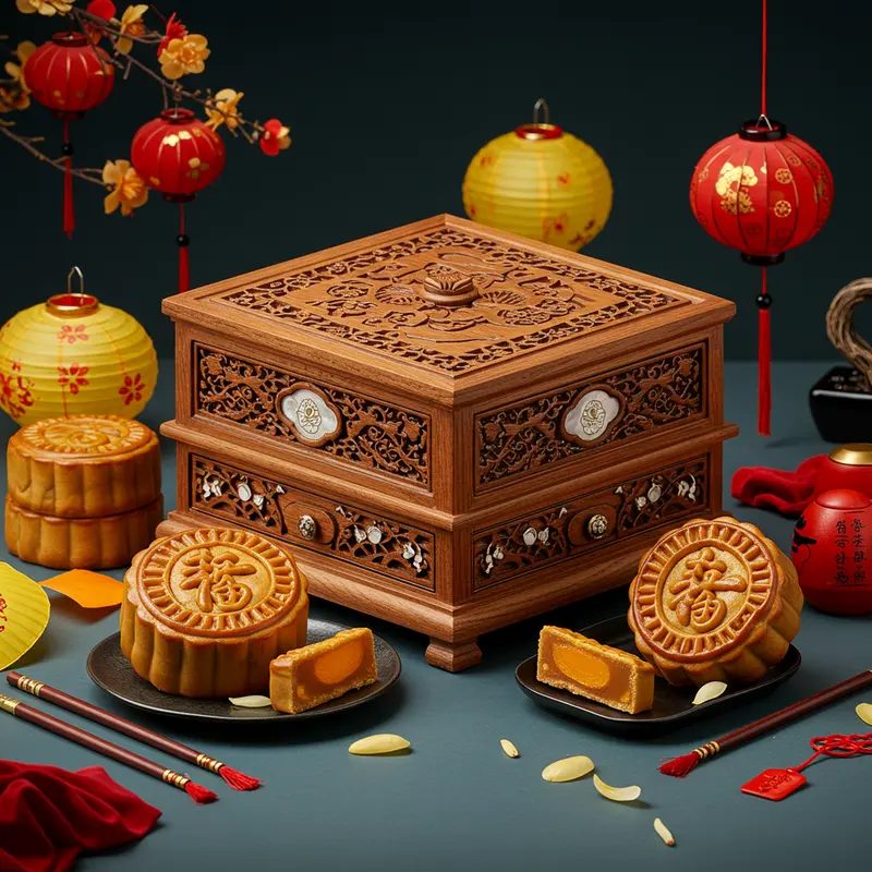 Hộp bánh trung thu bằng gỗ cao cấp cạnh bánh và đèn lồng, mang đậm nét sang trọng truyền thống