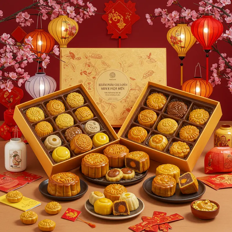 Bánh Trung Thu mini đa dạng vị đặt trong hộp quà tặng sang trọng, trang trí đèn lồng.