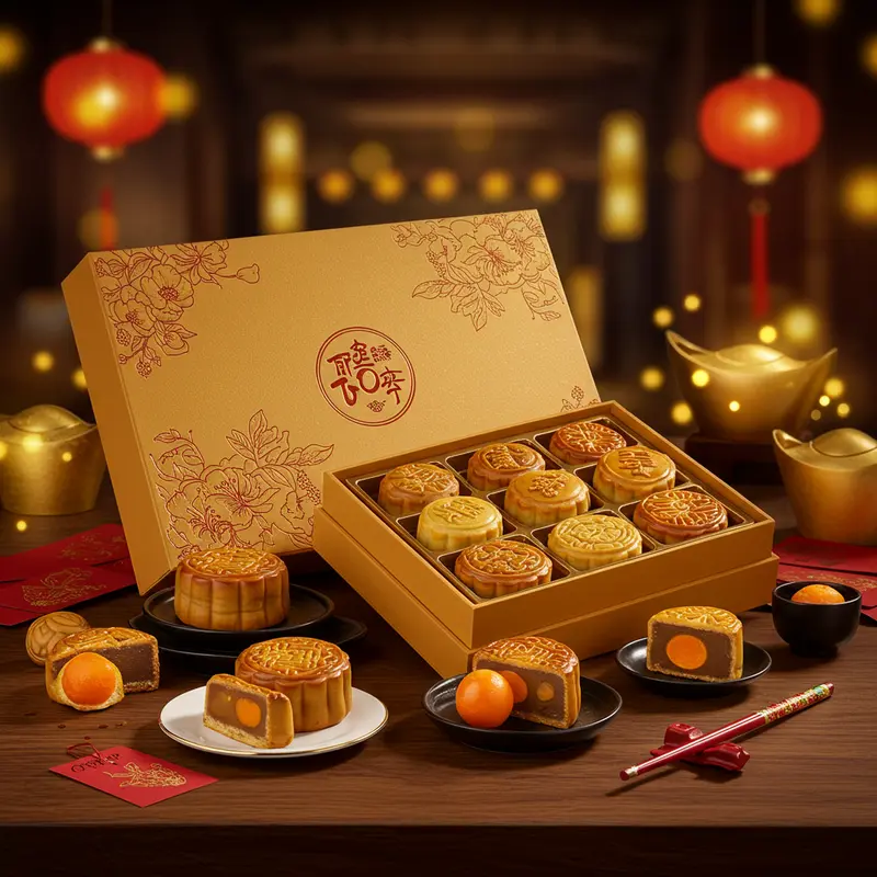 Cận cảnh hộp bánh Trung Thu đẳng cấp, bánh đa dạng sắc màu, ánh sáng ấm áp lan toả không khí lễ hội.