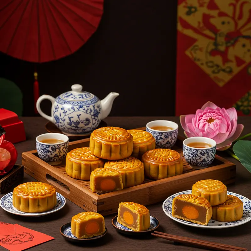 Bánh trung thu truyền thống và mini với trà và hoa sen, bày trên khay gỗ trong không gian ấm cúng.