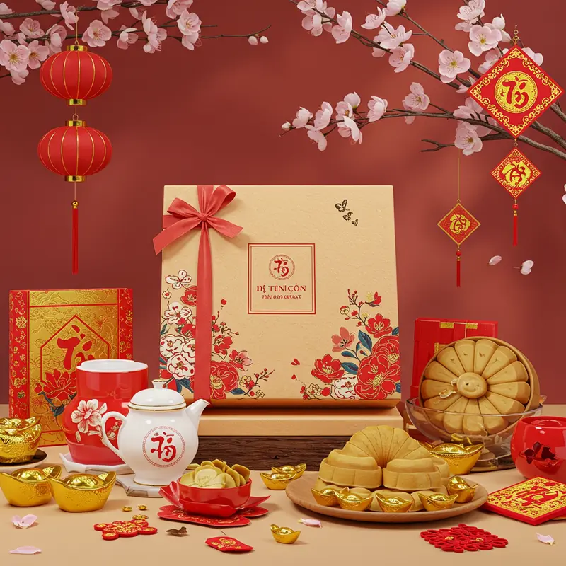 Hộp quà Tết được in logo, thắt nơ nghệ thuật, đặt cạnh bánh mứt, lồng đèn đỏ trên nền ánh sáng tự nhiên, kiểu dáng vuông.