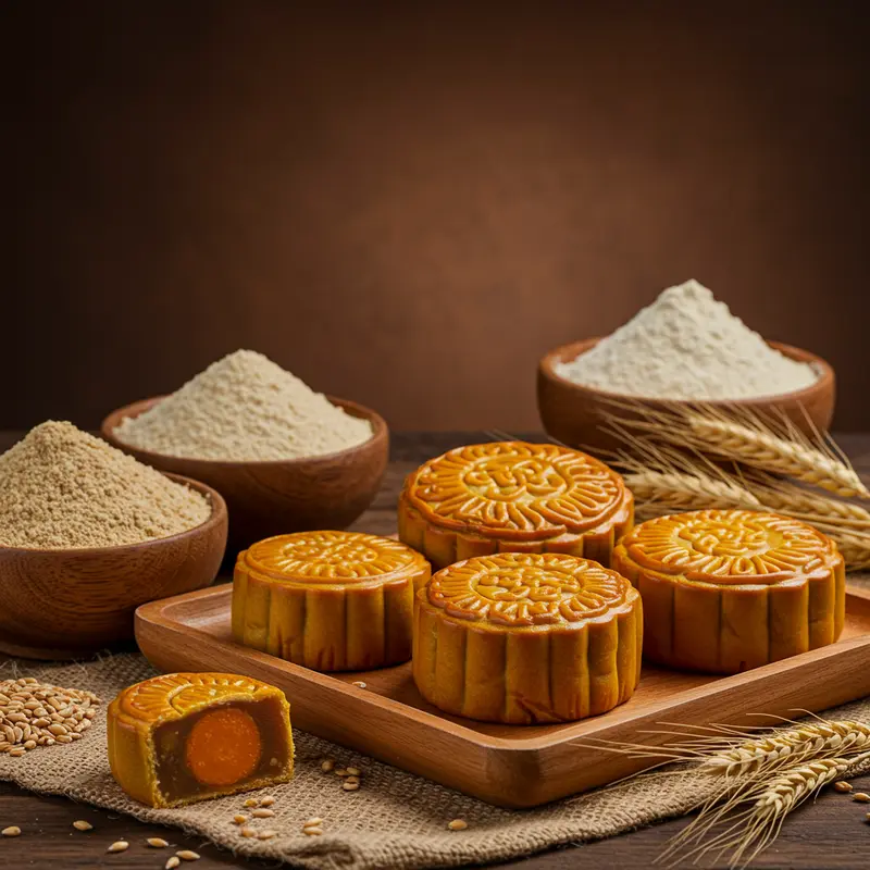 Bánh Trung Thu truyền thống đặt trên khay gỗ cùng các bát bột mì khác nhau, ánh sáng tự nhiên làm nổi bật texture bột và bánh.