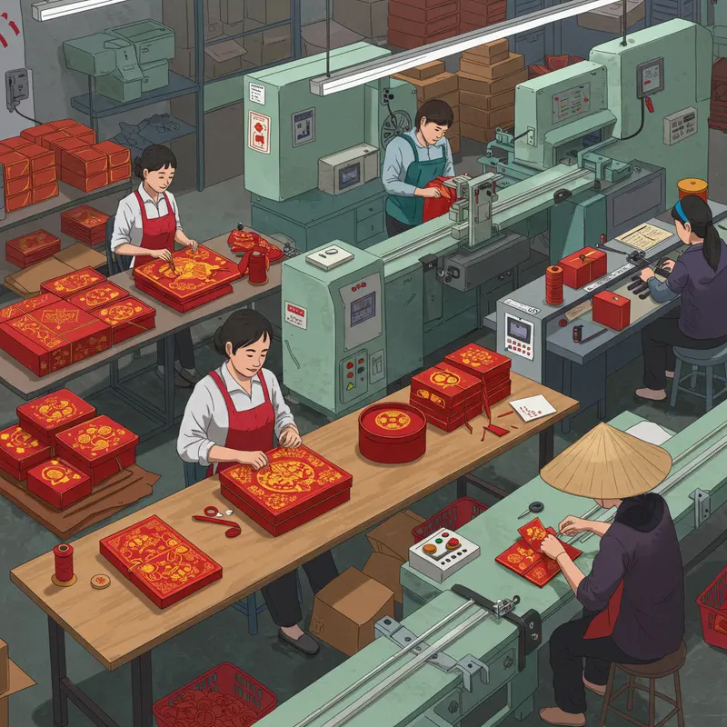 Nhà thiết kế sáng tạo mẫu hộp quà Tết với màu sắc và biểu tượng truyền thống.