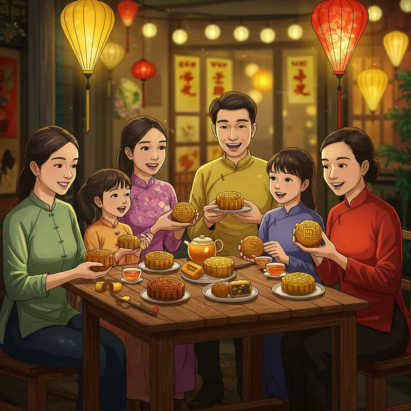 Gia đình sum vầy cùng thưởng thức bánh Trung Thu phổ thông.