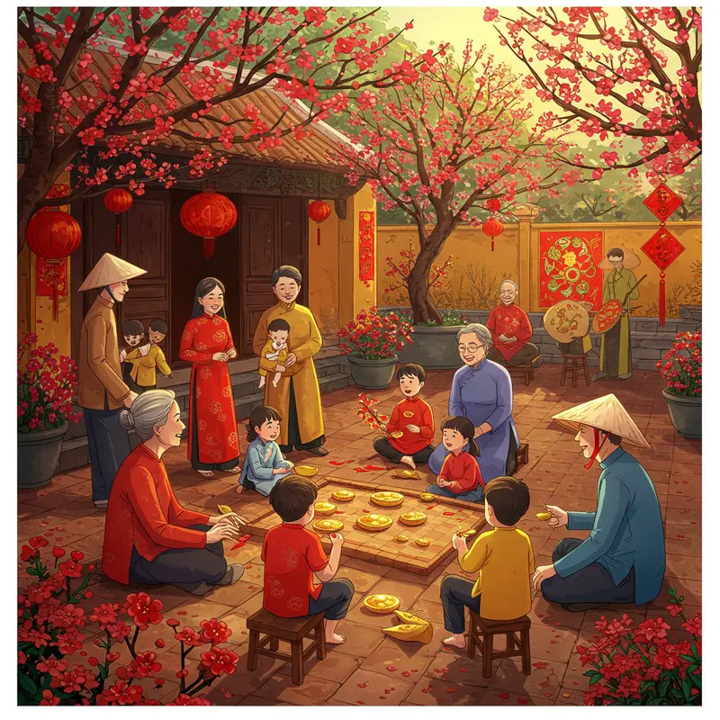 Gia đình nhiều thế hệ sum vầy chơi trò dân gian dịp Tết.