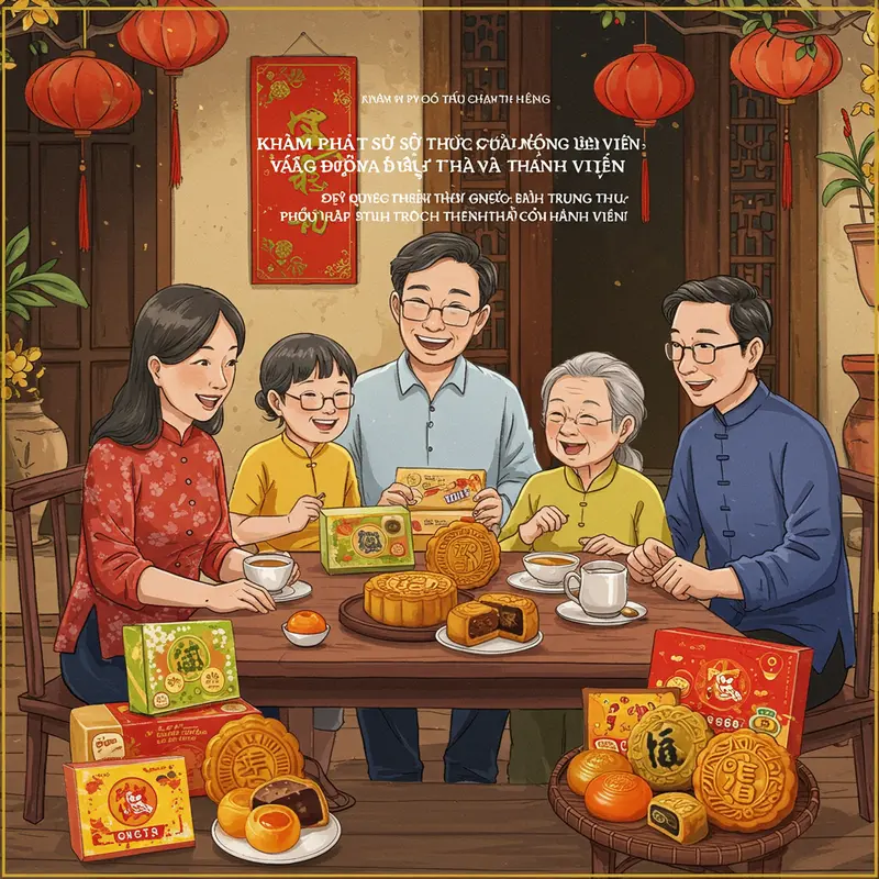 Gia đình ba thế hệ bàn luận lựa chọn bánh trung thu phù hợp.