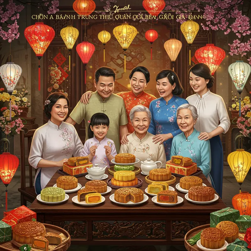 Cảnh gia đình nhiều thế hệ quây quần bên nhau thưởng thức bánh Trung Thu, ánh đèn lồng sáng rực rỡ.