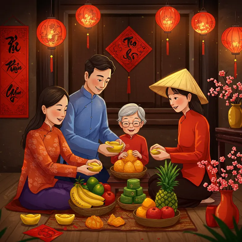 Ba thế hệ gia đình Việt cùng chuẩn bị lễ vật truyền thống ngày Tết.