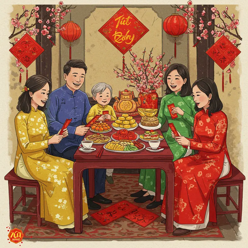 Ba thế hệ gia đình Việt Nam quây quần bên bàn tiệc ngày Tết Nguyên Đán, hoa mai, đèn lồng đỏ, trang phục truyền thống, nụ cười hạnh phúc.