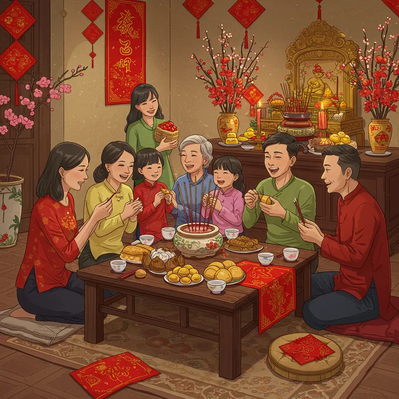 Khung cảnh làng quê rực rỡ ngày Tết, mọi người sum họp bên mai đào và câu đối đỏ.