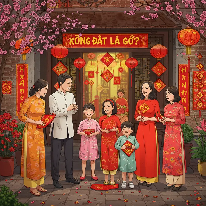 Gia đình trẻ Việt Nam đón khách xông đất trong nhà trang trí đầy sắc xuân.