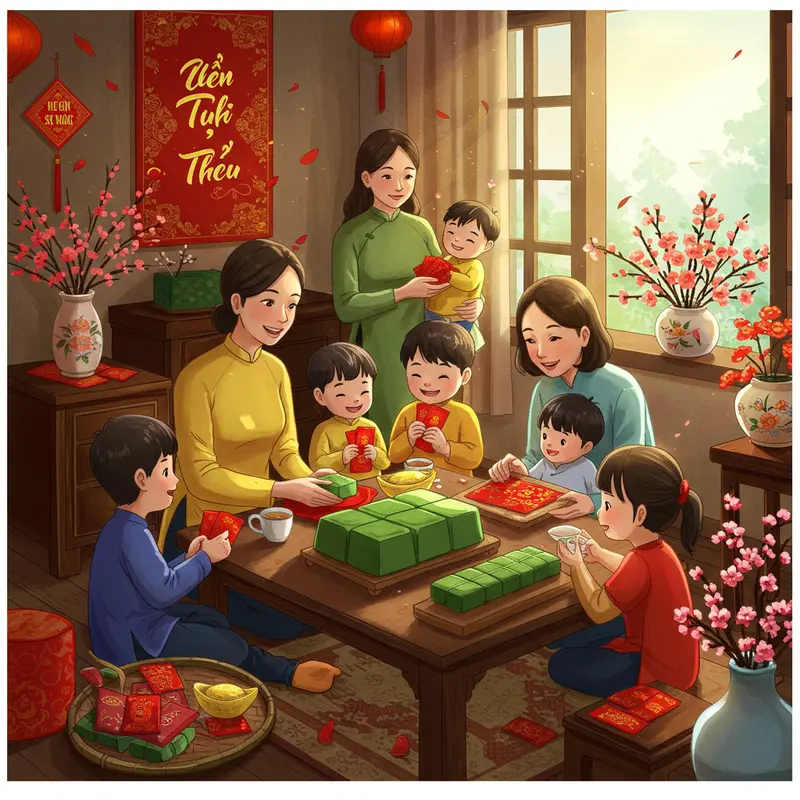 Gia đình Việt sum họp gói bánh chưng và trang trí nhà cửa đón Tết.